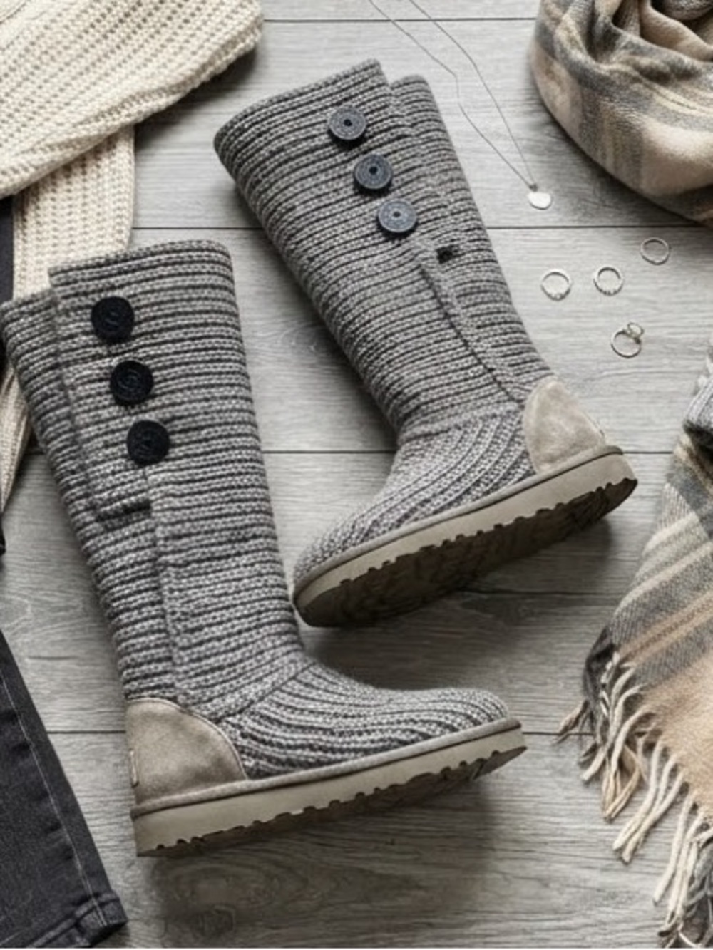 UGG Grey Knit Button Boots – Size 9 (Like New!)